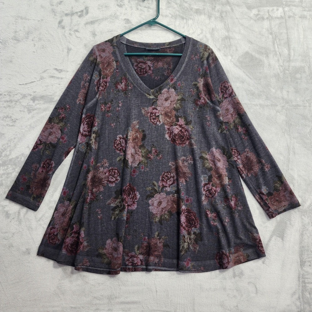 Nally & Millie Top Womens L Gray Floral V-Neck Long Sleeve Tunic Knit Stretch